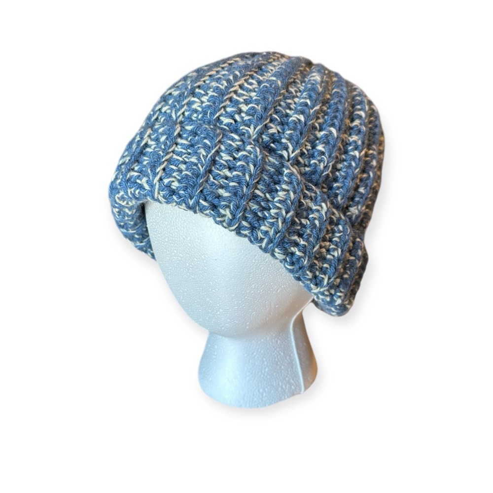 New Handmade Crochet Beanie Fold over Thick Hat Winter Dusty Blue Cream Confetti